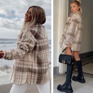 Zara Blogger Tan Brown Neutral Check Plaid Overshirt Shacket. Like New